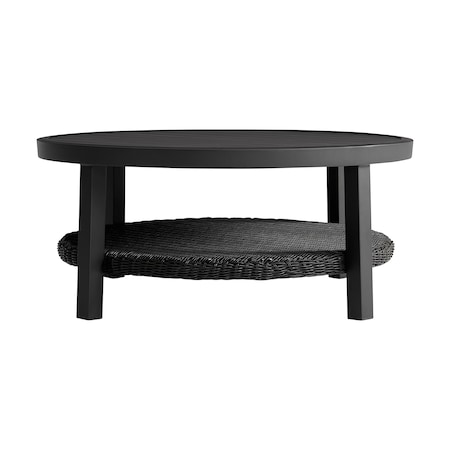 Armen Living Grand Black Aluminum Outdoor Round Conversation Table with Wicker Shelf 840254332744
